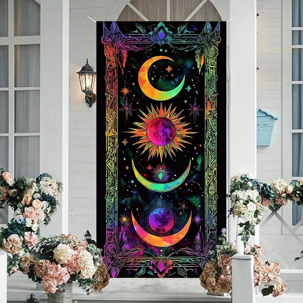 1 piece of iridescent polyester sun and moon curtains - vivid cosmic patterns featuring stars, planets and colorful spheres