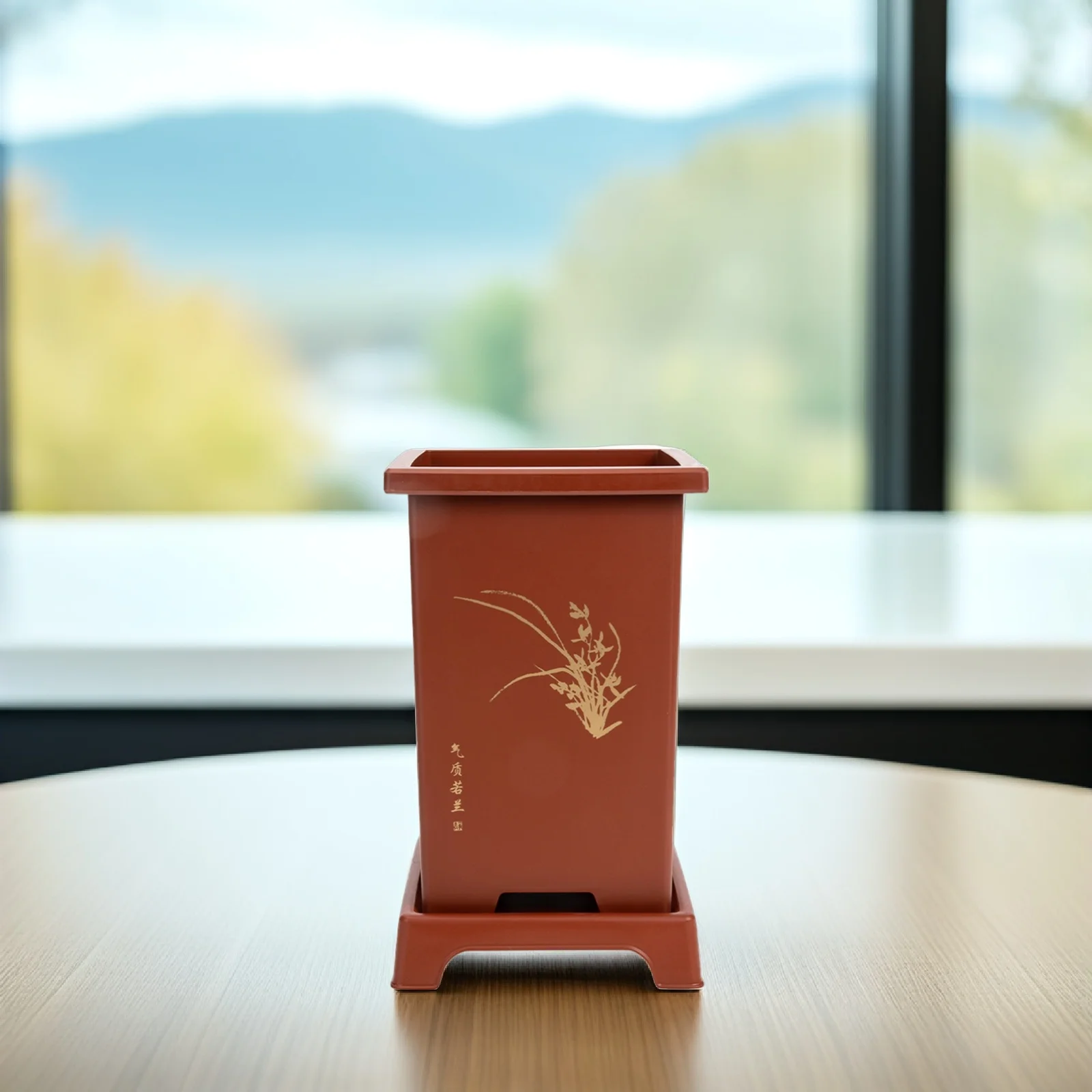 

2 комплекта имитирующих фиолетовые цветы горшковые растения (орхидеи) из пластика с дренажными отверстиями и поддоном для декора стола и балкона