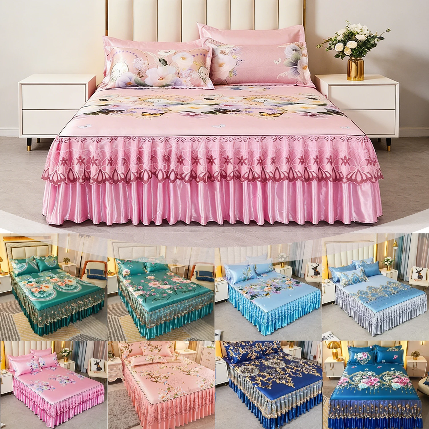

3PCS Floral Style Bed Skirt and Pillowcase Lace Ruffles Bed Cover Mattress Dust Protection Cover Home Soft Bedspread Skirt 침대스커트