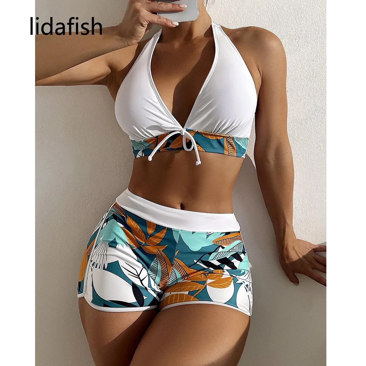 lidafish Boxer Pants Bikinis Set Leaves Print Swimwear Women Two Pieces Swimsuit Biquini Summer Bathing Suit