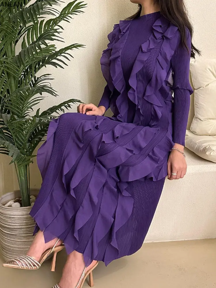 ANLAN Miyake Pleated French Dress O-Neck Long Sleeved Slim Dresses for Women 2024 Summer New Middle East Hot Sales 2KY16295