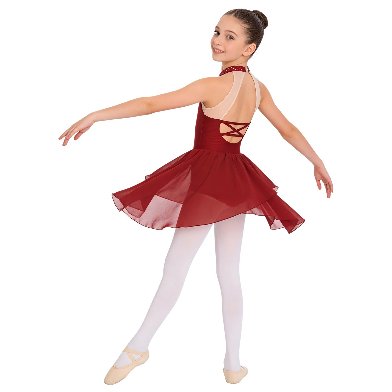 

Kids Girls Shiny Rhinestone Ballet Jersey Dress Sleeveless Sheer Mesh Artistic Figure Skating Gymnastics Leotard Tutu Dancewear