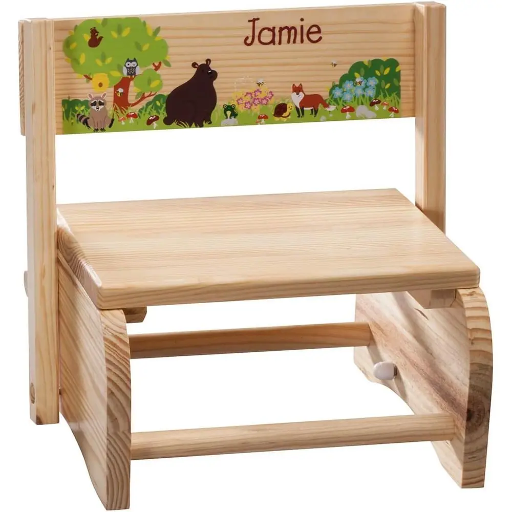 

Custom 2-in-1 Children's Step Stool and Chair, Customized with Kid’s Name, Woodland Animals Design