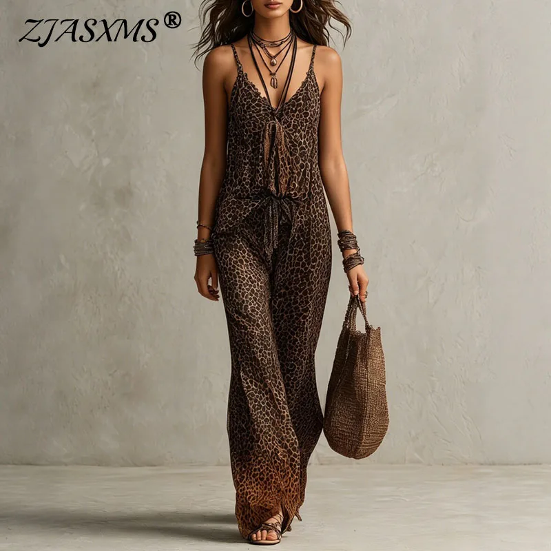 Vintage Leopard Print Three Piece Set Women Lace Trim Wide Leg Open Front Flowy Long Outfits Boho Holiday Travel Streetwear Suit