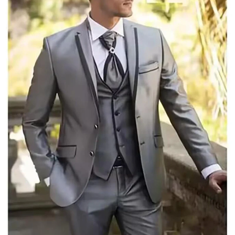 

Fashion Design Satin Men Suits 3 Piece Groom Wedding Dresses Silver Grey Formal Prom Tuxedo Party Suit Male (Jacket+Vest+Pants)