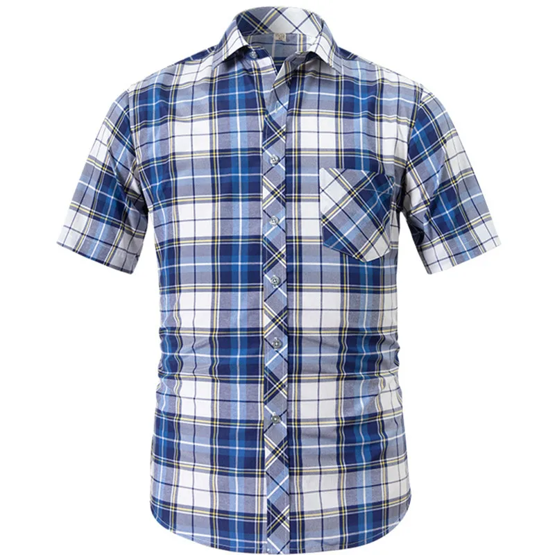 BAMBOOPLE Men Short Sleeve Shirts Summer Plaid Youth Leisure Design Dress Formal Social Soft Button Up Front Pocket Male Blouse