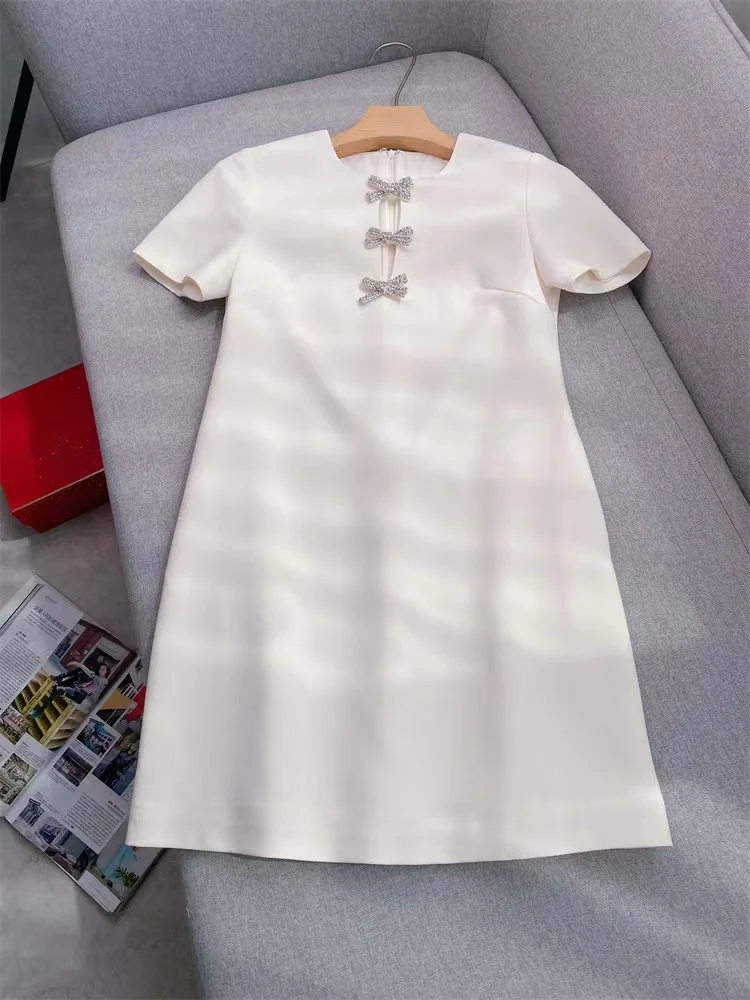 Summer New Fashion Chic Diamond Bow Decoration Mini Dress Women temperament Short Sleeve Round Neck Elegant Female Robe 2024