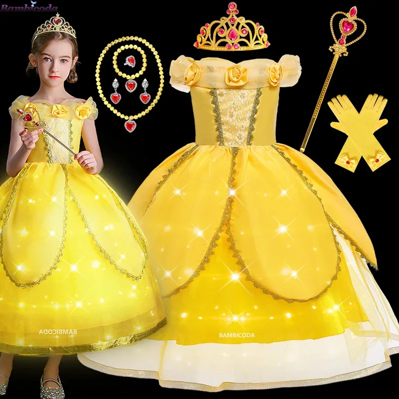 

Girls Glowing Belle Dress with LED Lights Beauty Yellow the Beast Princess Girl Dress Cosplay Flowers Prom Costume Fancy Party