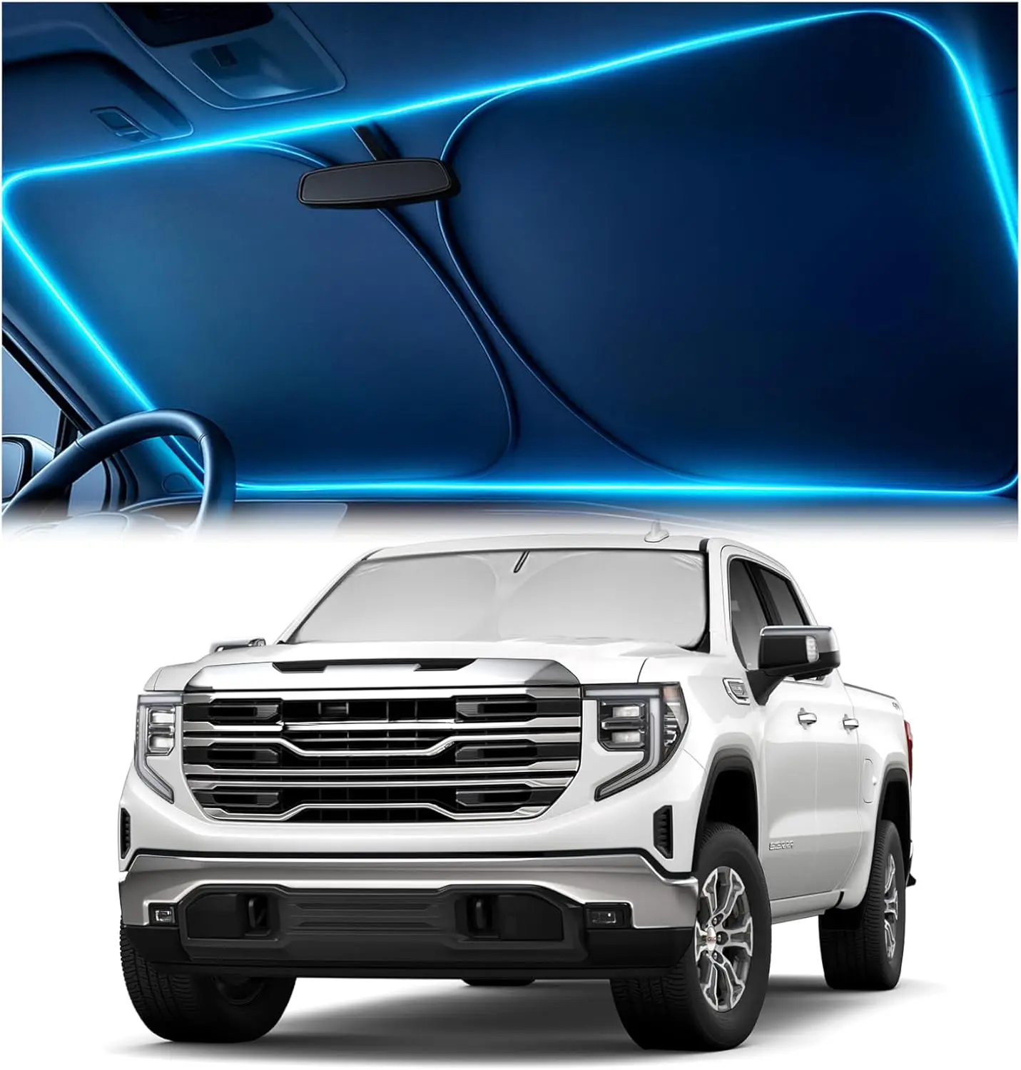 

Windshield Sun Shade for GMC Sierra 1500 2500 3500 2019-2026 Custom Fit with Mirror Cut-Out Blocks Heat & UV Foldable