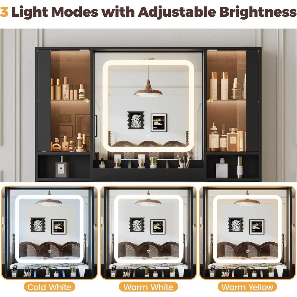 Makeup Vanity Desk with 7 Drawers, 2 Glass Cabinets, Mirror, Lights, Charging Station, Adjustable Shelves, RGB Lighting, Holder view 6