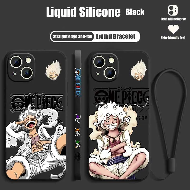 Luffy One Piece Anime Coole Hülle für Apple iPhone 17 16E 16 15 14 13 12 Mini Pro Max Plus Flüssiges Silikon-Handyhülle mit Seil