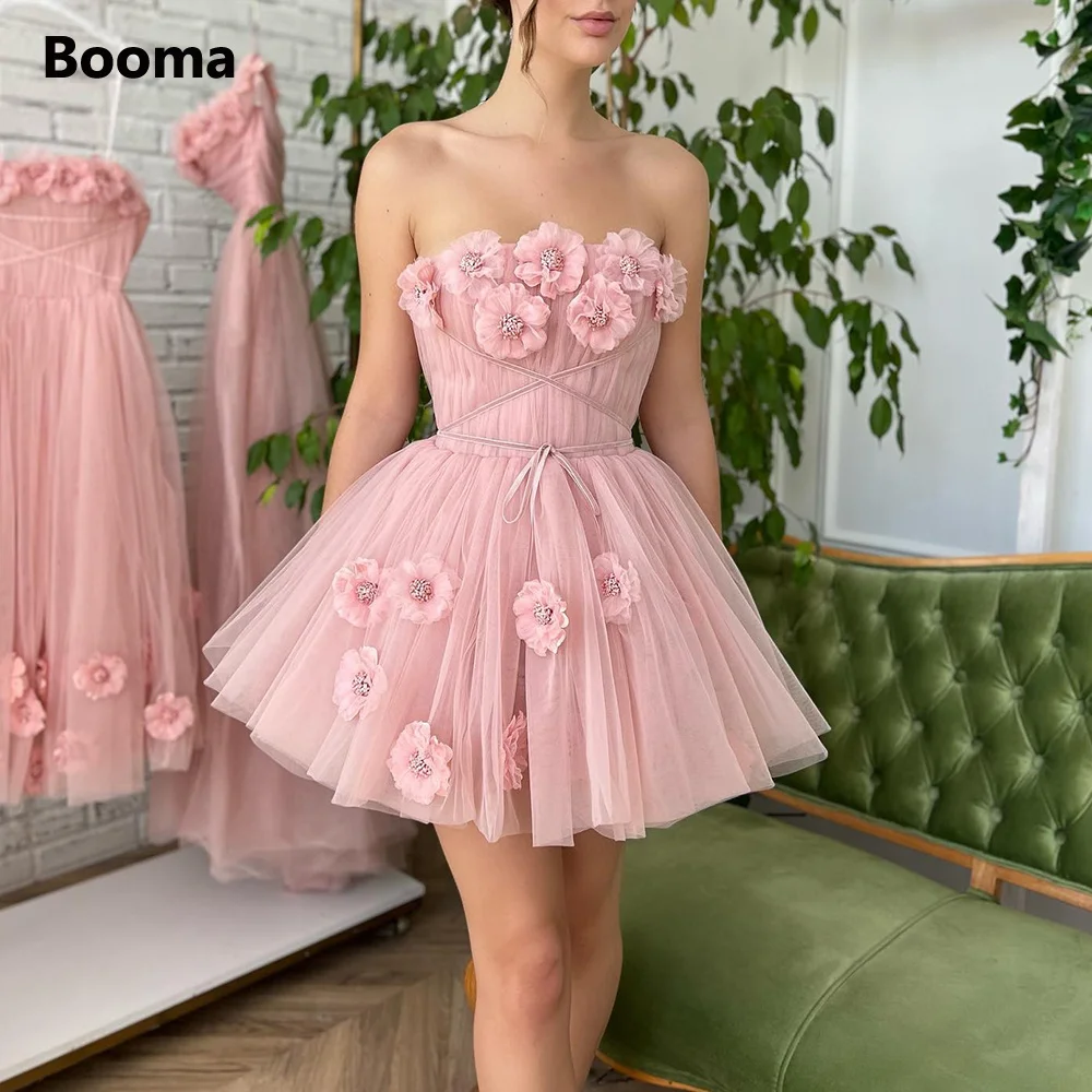 

Booma Pink Tulle Mini Prom Dresses Strapless Handmade 3D Flowers Short Party Dresses Above Knee A-Line Prom Evening Gowns