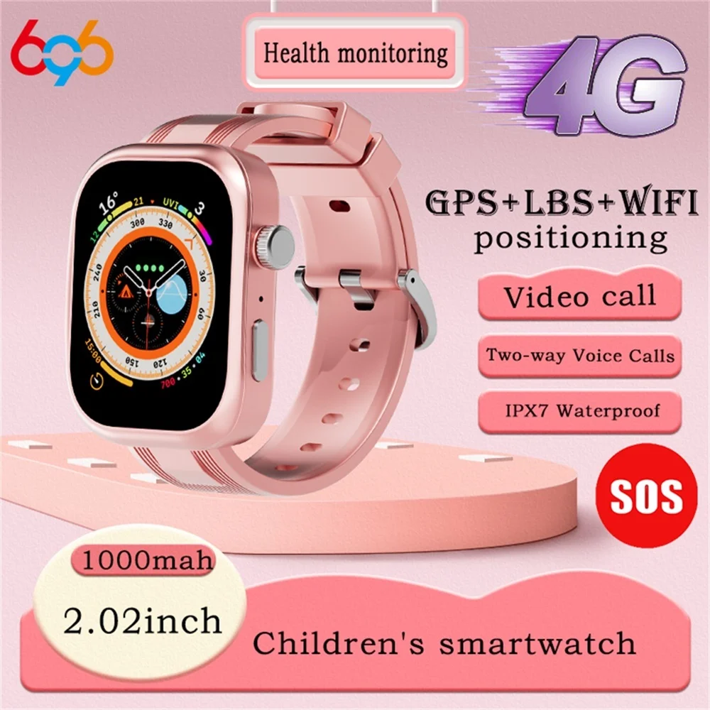 

Умные часы для школьников 2.02 дюйма с GPS, вращающейся камерой, видеозвонками, измерением пульса, функцией SOS, 4G, для детей