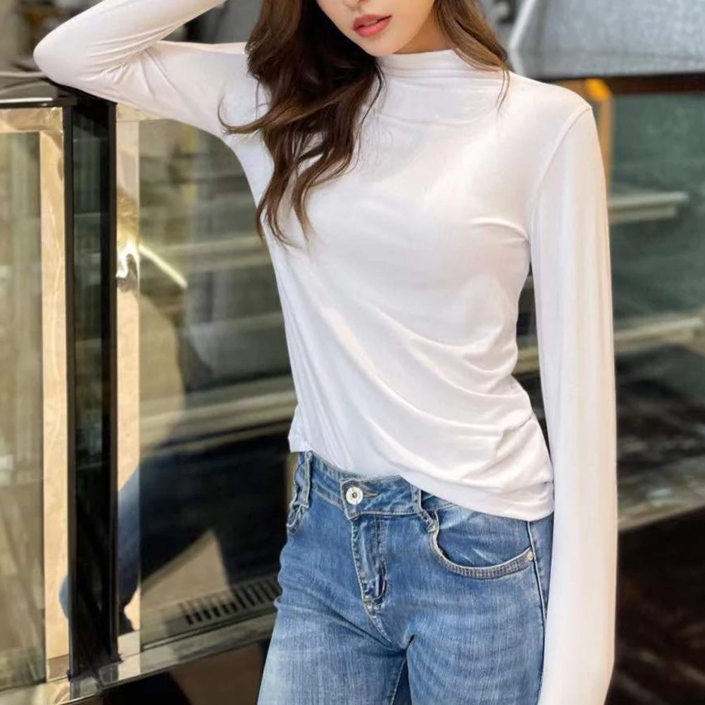 Women's Long Sleeved Base Shirt Basic Turtleneck Long Sleeve Women T-Shirt Autumn Winter Slim Sexy All-Match Tee