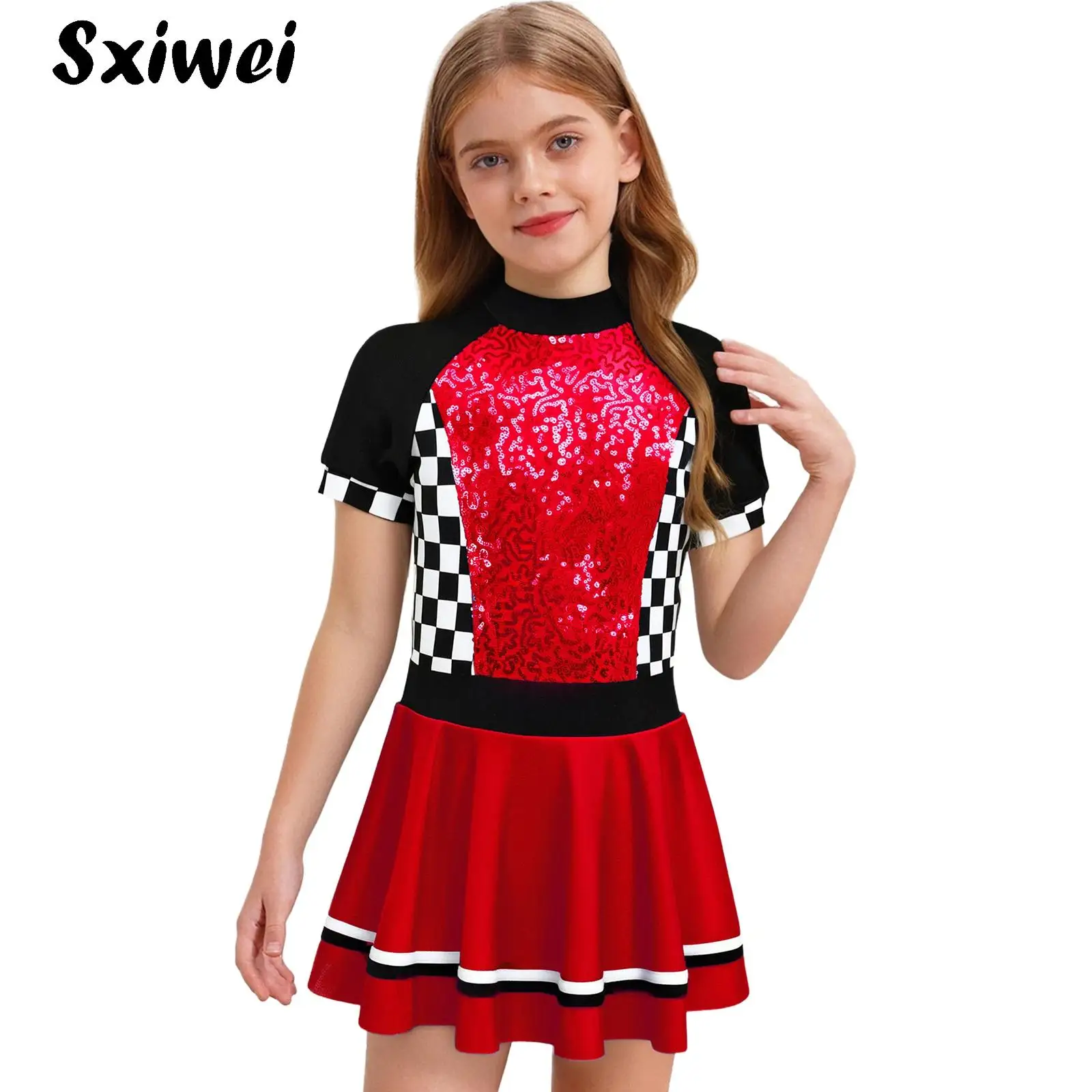 

Kids Girls Halloween Costume Racer Racing Driver Cosplay Fancy Checkerboard Shiny Sequins Dress Rave Party Dress Up Outfits