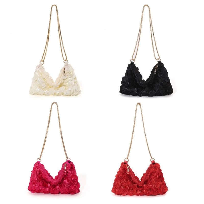 Fashionable Women Clutch Purse with Satins 3D Rose Flower Sequined Evening Shoulder Bag with Chain for Wedding Parties