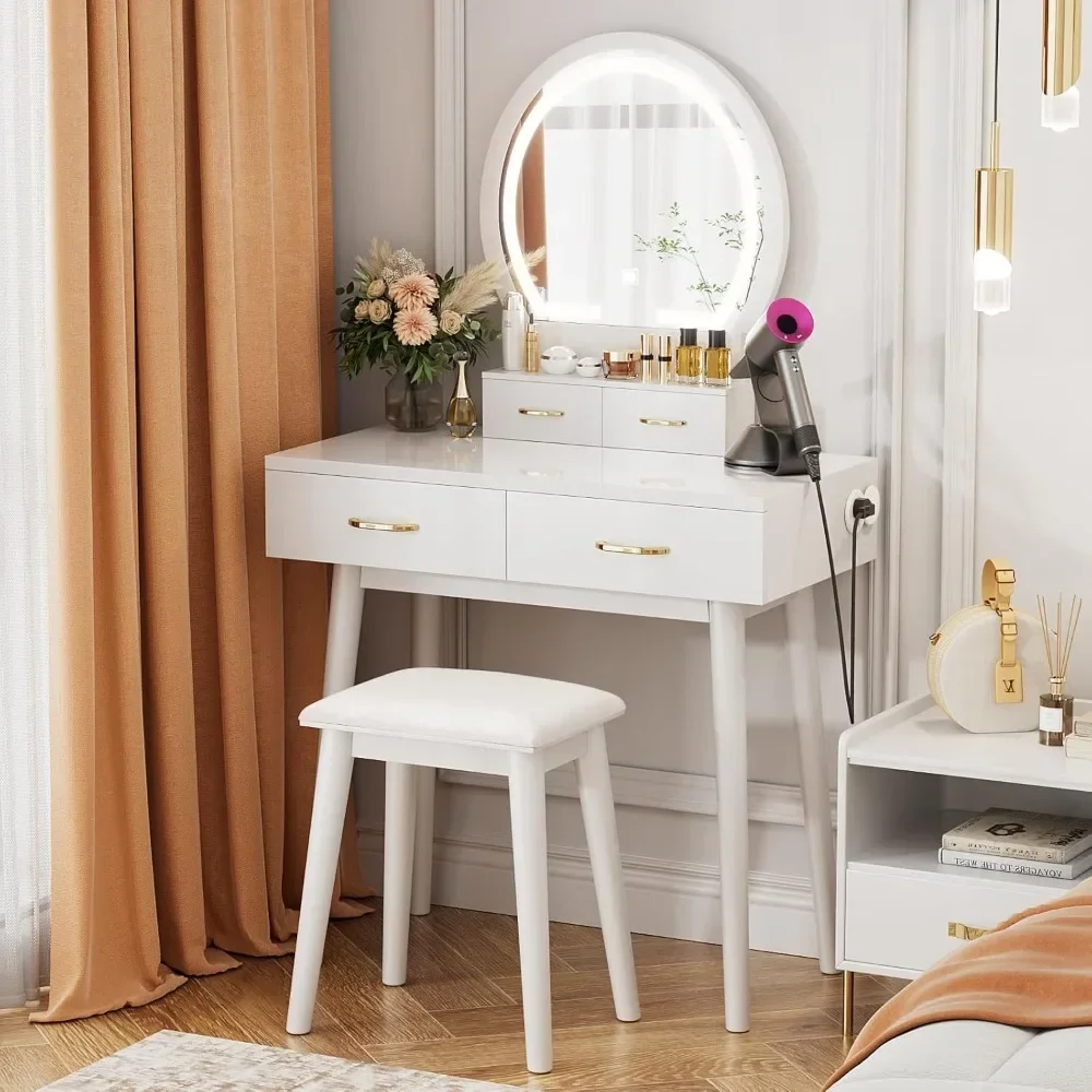 

Vanity with Lighted Mirror, Makeup Vanity Desk with Power Outlet and 4 Drawers, 3 Color Lighting Modes Adjustable Brightness