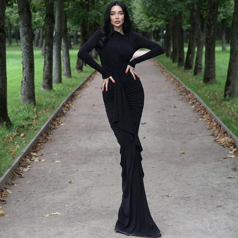 Sexy Slit Fishtail Midi Dress Women Fall/winter Fashion Splicing Wrap Dress American Elegant Ruffle Pleated Black Maxi Vestidos