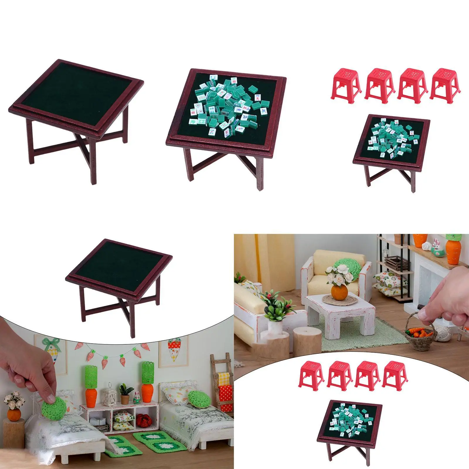 1/12 Mahjong in miniatura Set Sala giochi in miniatura Puntelli Scrivania in miniatura Modello portatile fatto a mano Modello di mobili Mahjong per casa delle bambole