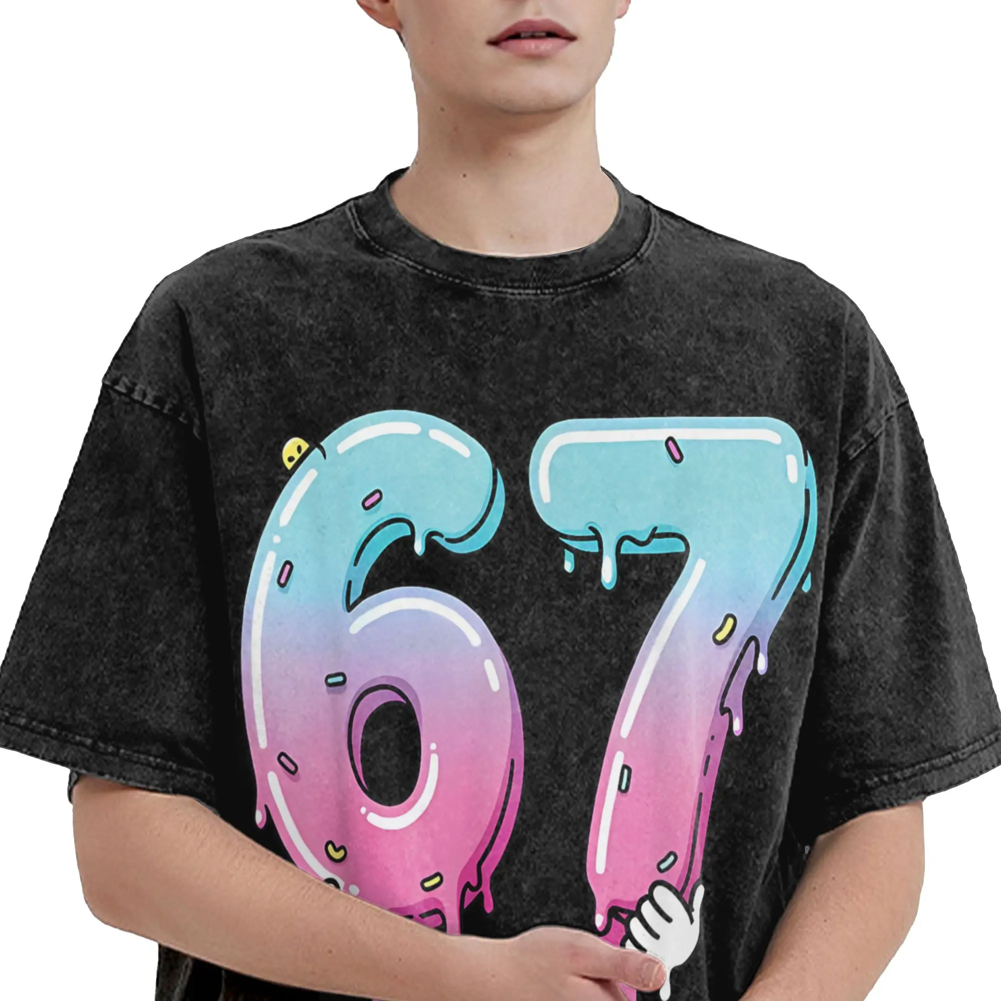 Harajuku غسلها تي شيرت 67 الآيس كريم بالتنقيط 67th عيد ميلاد ستة سبعة ميمي فضفاض تي شيرت موضة التي شيرت الرجال الصيف بلايز عادية