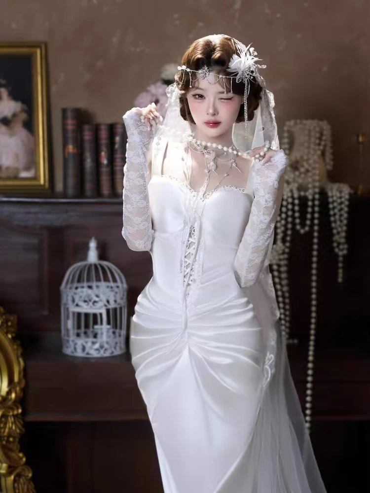 

2026 New White Lace Wedding Dress Vintage Princess Style Art Photo Shoot Dress Women's Clothing Stage Costume