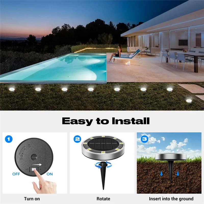 

A03F-8-Pack Solar Ground Lights Anti-Rust, IP65 Waterproof Cool White LED Disc Lights