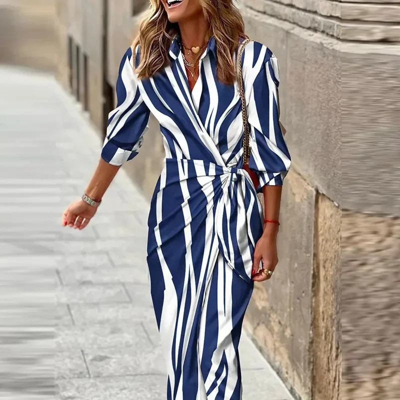 Spring Summer Fashion Print Dress Blouse Neck Tie Mid Length Striped Skirt Casual Comfortable Street Women\'s Wear Dresses Robe