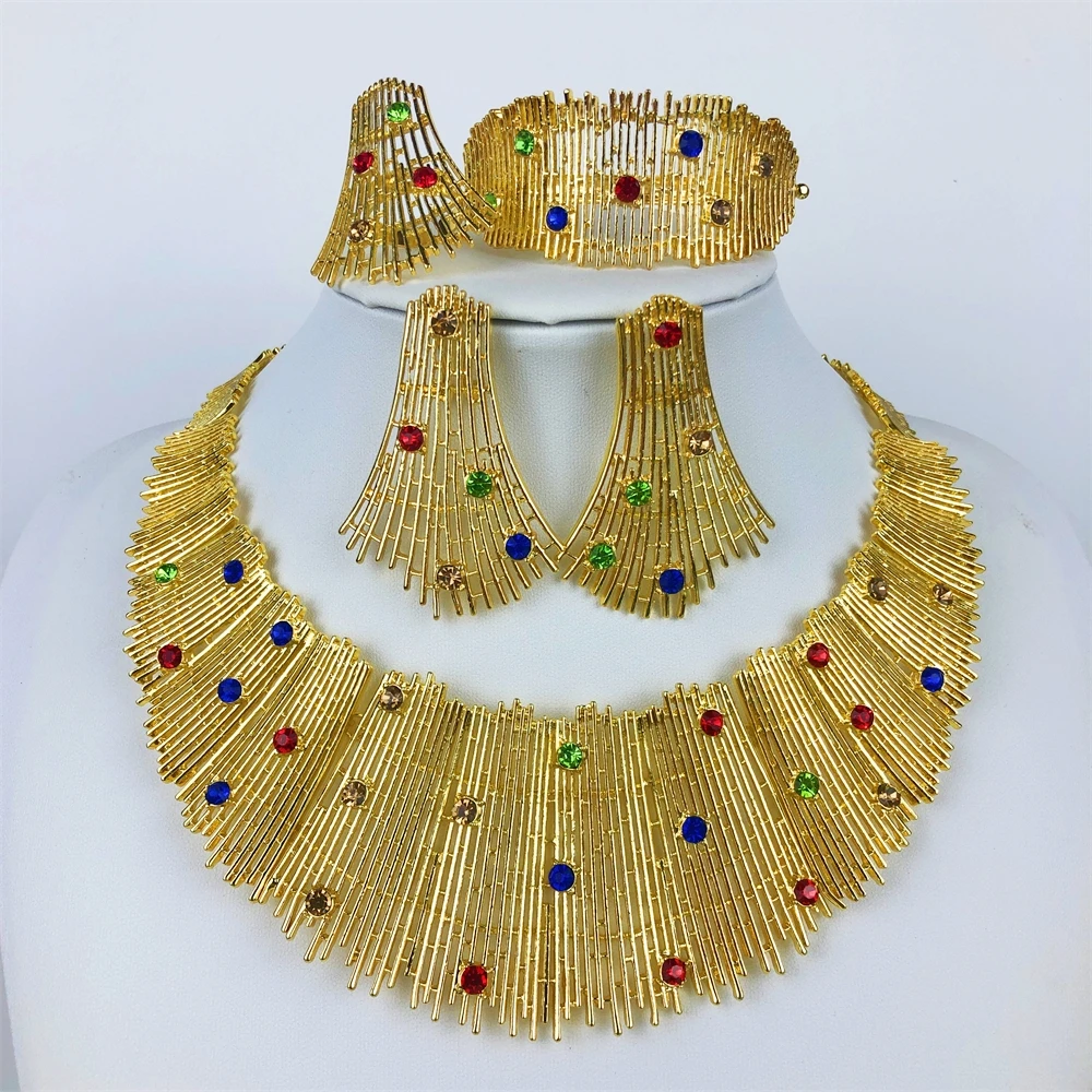 

ESALE Jewelry Set For Women Colour Plating Luxury Design Necklace Earrings Bangle And Ring Full Set Jewelry Wedding Party Gift