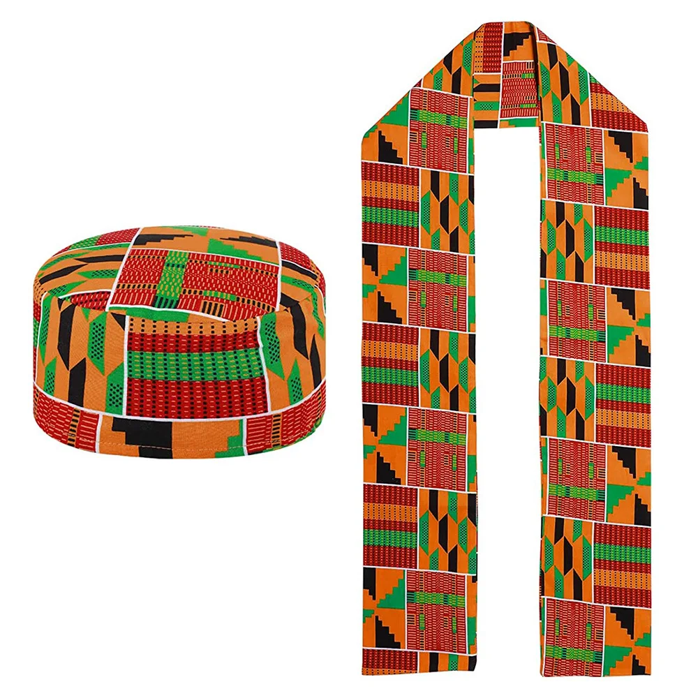 2 Pcs African Kente Pattern Kufi Hat And Kente African Print Stole Sash Shawl For Black African History Men Women Kid