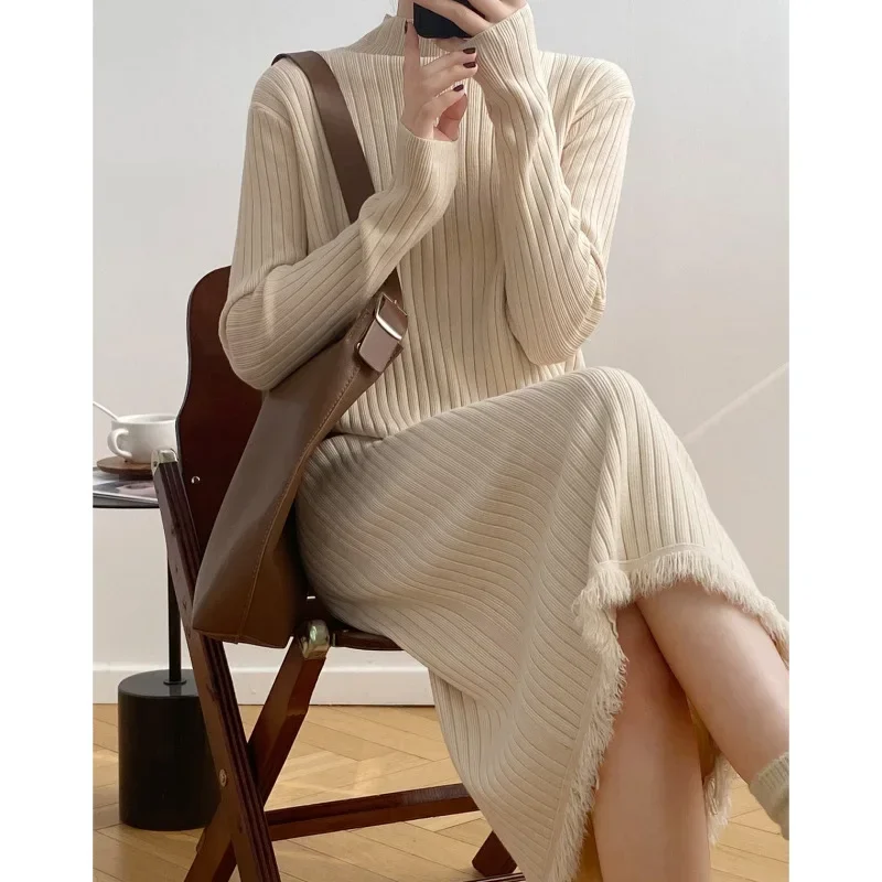 New Arrival Autumn/winter Women's Half-polo Turtle Neck Sweater Medium-length Overcoat Underlay Fringed Skirt Knit Dress