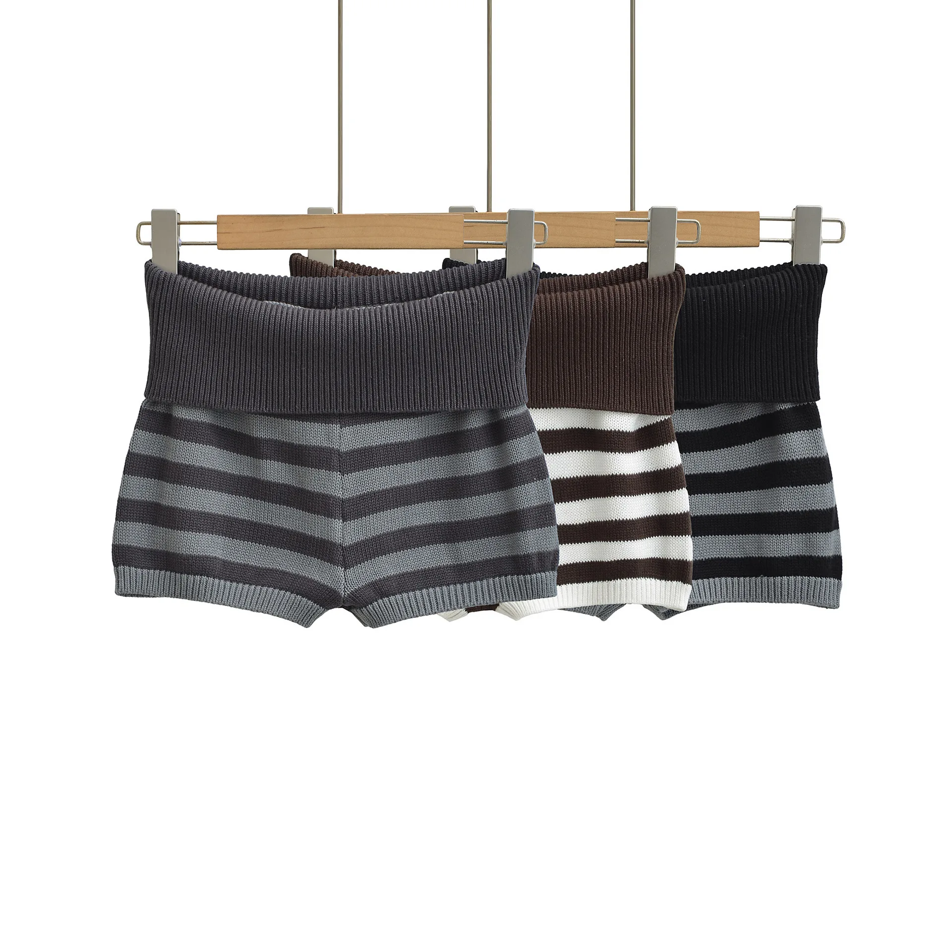 Spice Girl Elastic Skinny Striped Knitted Shorts Women 2026 Fold Waist Slim Shorts