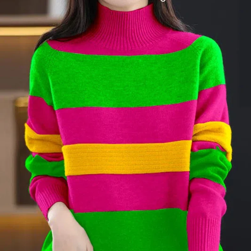 

Contrast Color Half High Collar Sweater Women 2024 Autumn Winter New Patchwork Striped Loose Fashion Knitted Long Sleeved Top