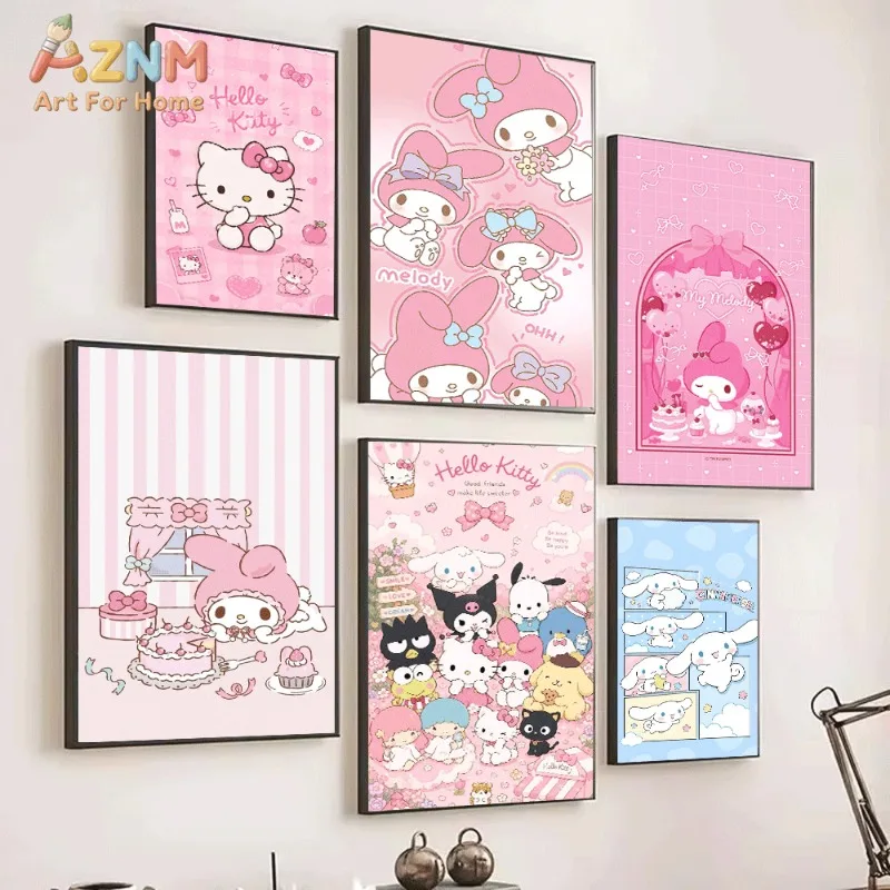 Sanrio Hello Kitty Canvas Wall Art Unframed Print Pink Bow Apple Heart Girly Cartoon Poster for Bedroom Dorm Home Interior Wall