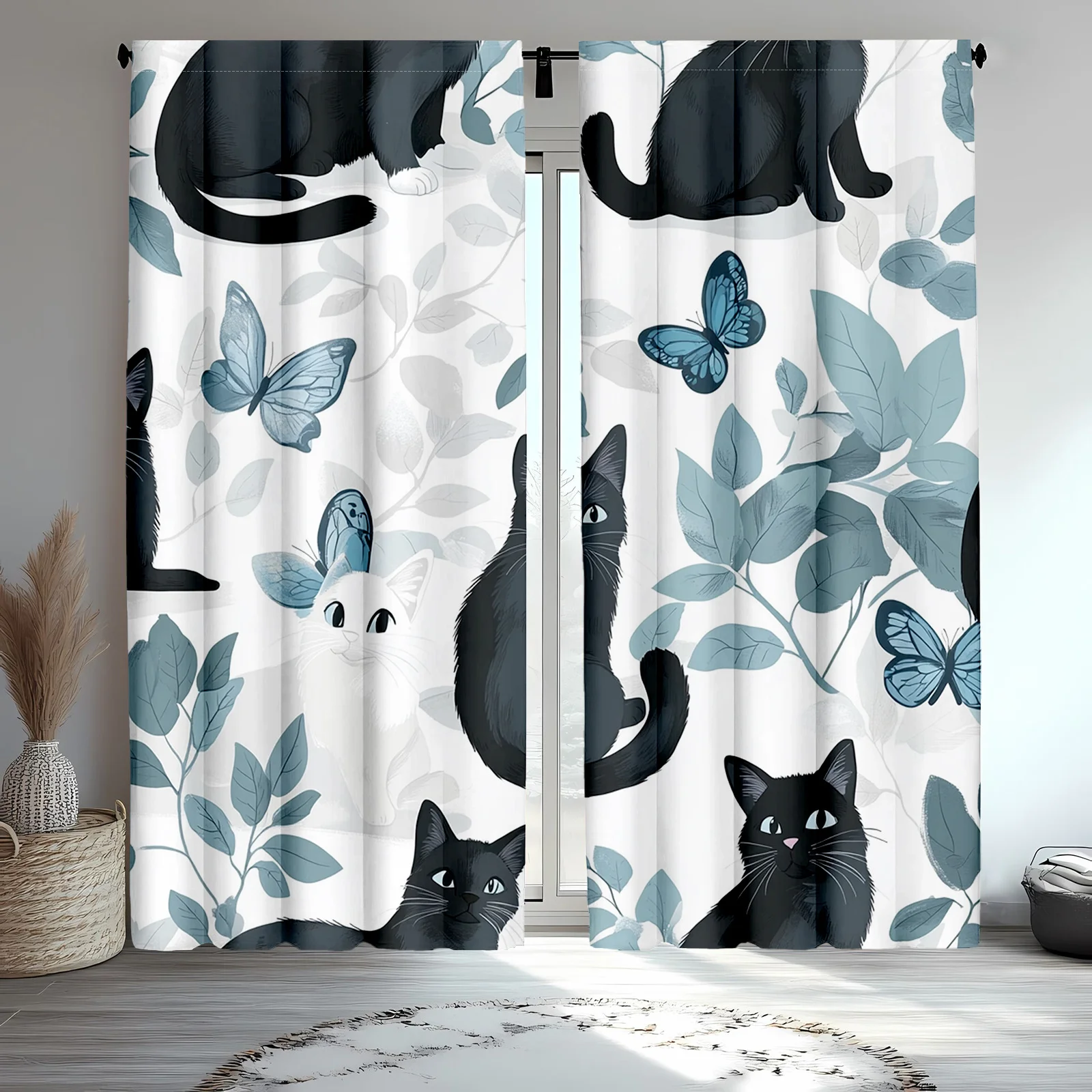 2pcs Black Cat Curtains & Drapes, Green Palm Leaves and Blue Butterfly Blackout Drapes for Animal Themed Chic Window Treatments