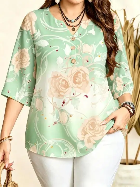 Women Vintage Rose Floral Full Print Blouse Notched Neck 3/4 Sleeve Loose Fit For Curvy Figures Daily Casual Tops