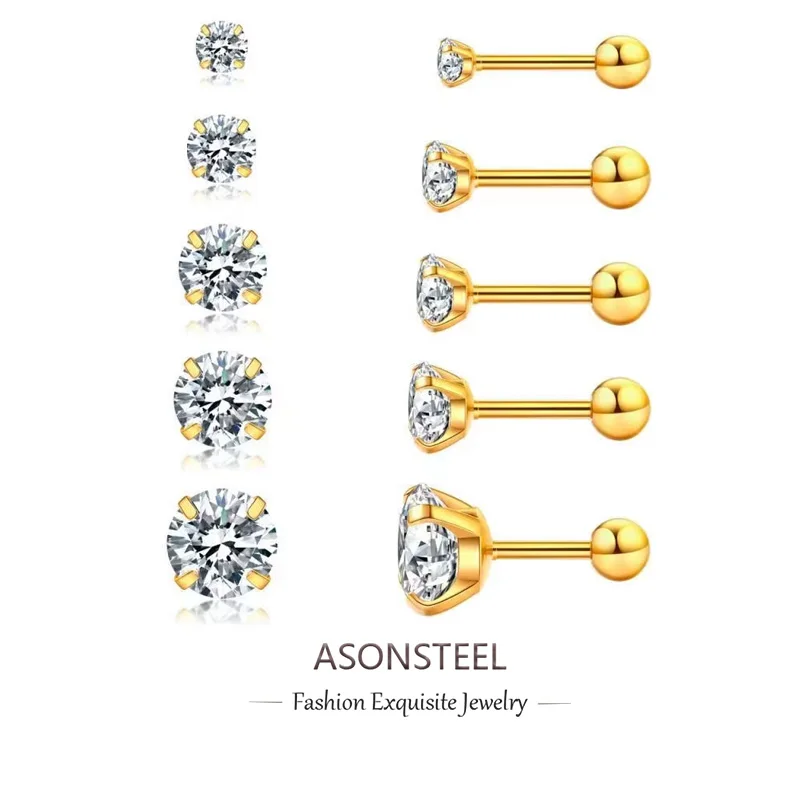 ASONSTEEL 3mm 4mm 5mm 6mm Gold Color Stainless Steel Cubic Zirconai Stud Earrings Hypoallergenic  Jewelry