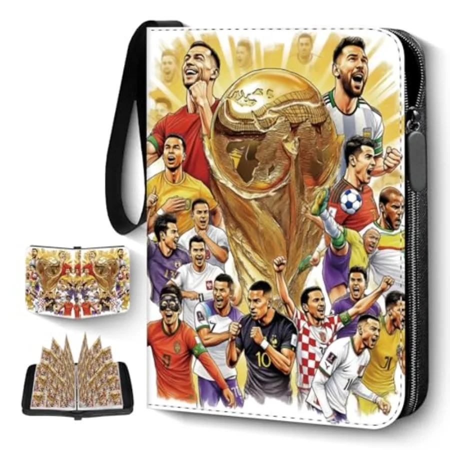 

Soccer Card Binder 9 Pocket, Trading Card Binder Fits 900 Cards with 50 Removable Sleeves, Waterproof PU Leather 3-Ring Zipper