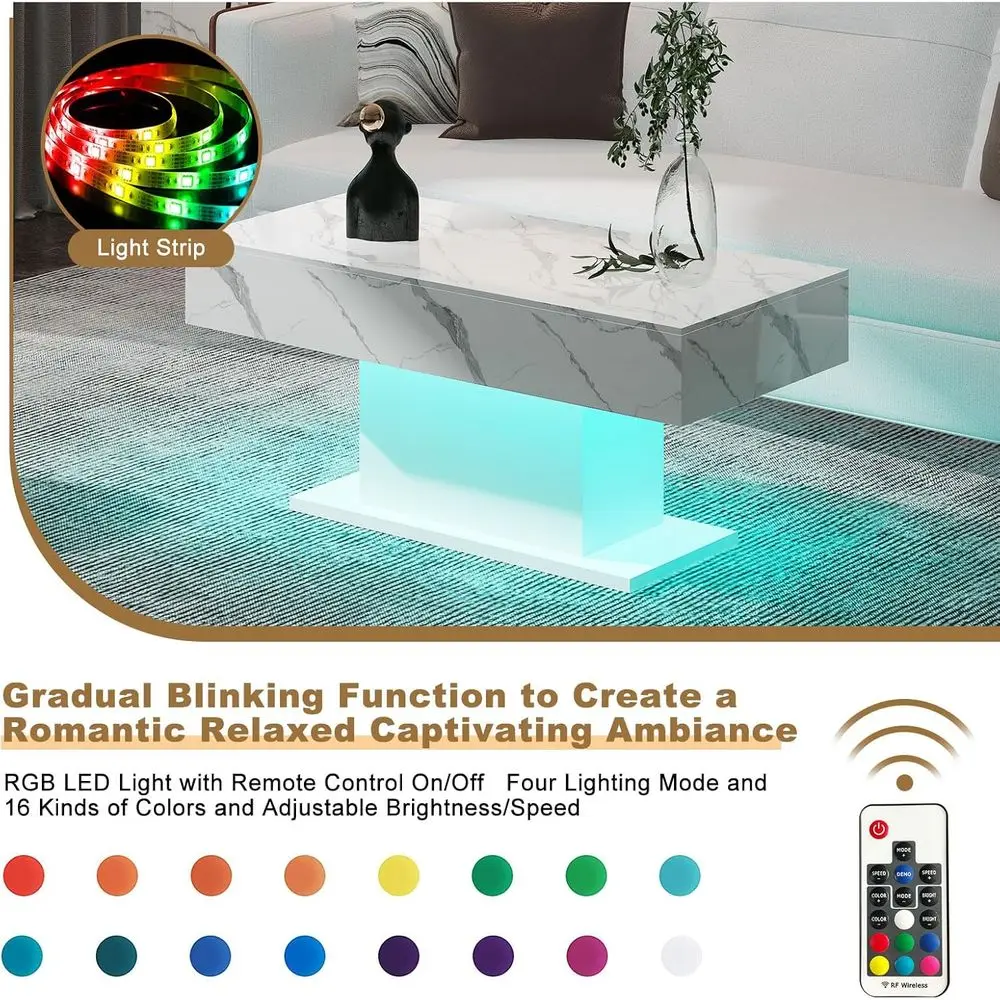 Modern Rectangular LED Coffee Table with 16 Color Options for Living & Dining Rooms, White Marble Top