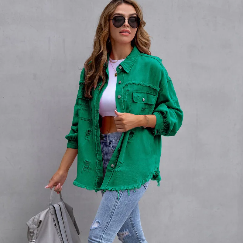 

Kong Mao Edge Denim Jacket Women's Spring and Autumn Shirt Style Denim Jacket Casual Top Pierced Long Sleeve Denim Jacket