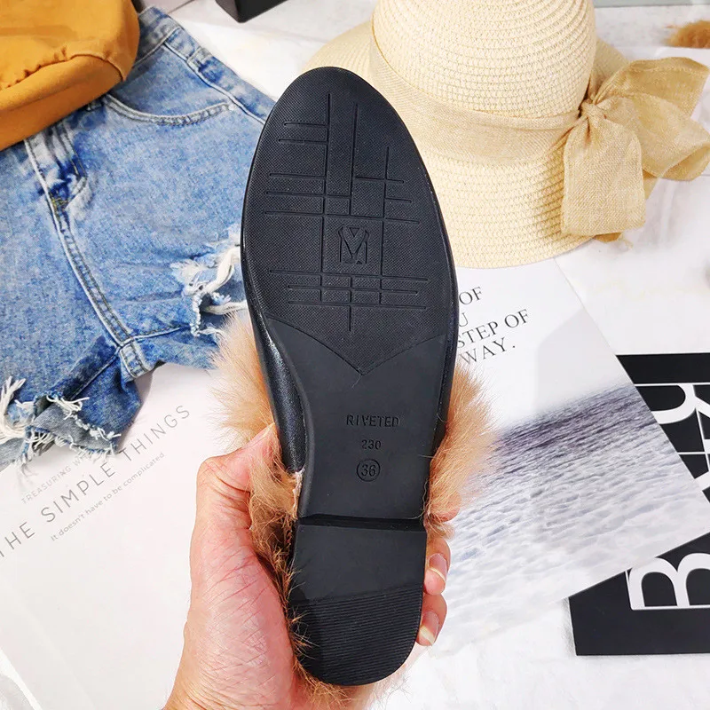 Lady Imitation Rabbit Hair Winter Warm Shoes Short Plush Front Closed Toe Half Slides For Outdoor Leather Metal Chain Slippers