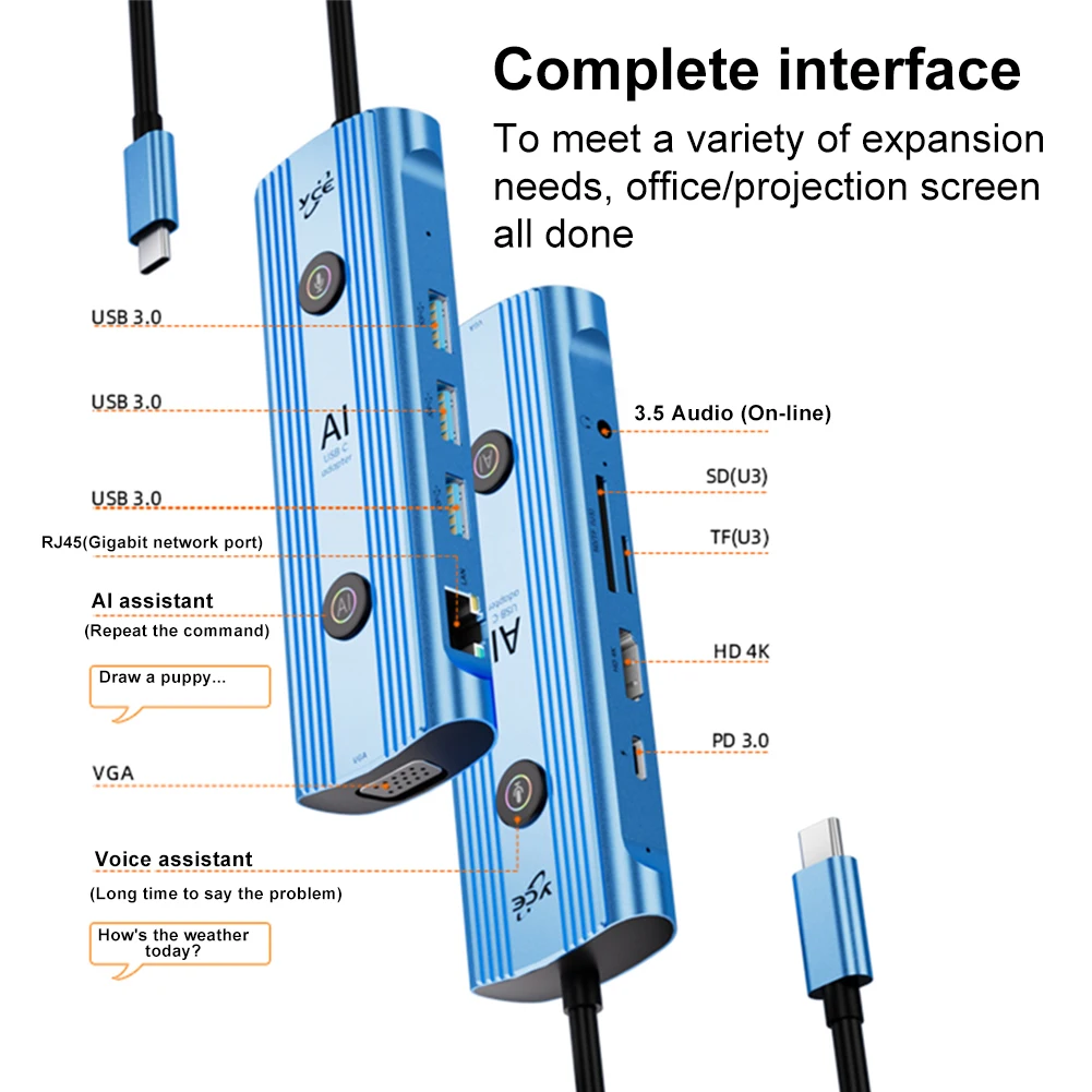 AI USB C Hub Adaptador multipuerto 12 en 1 con puertos USB 3.0 y PD 3.0 Dongle USB C para portátiles con puertos tipo C
