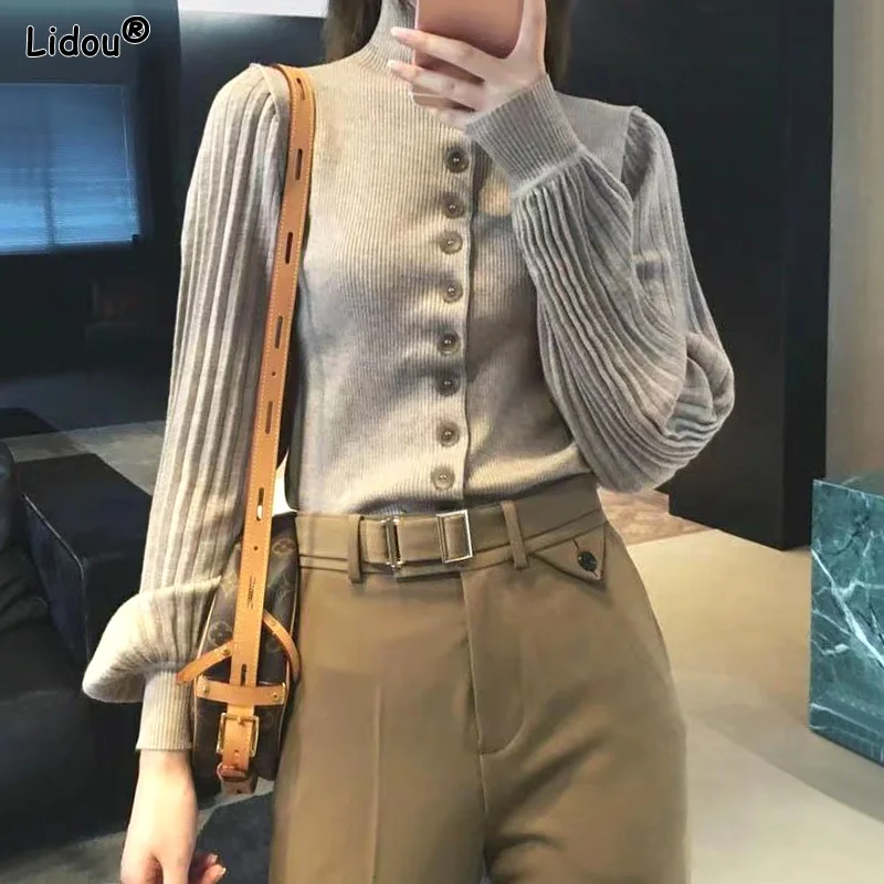 Slim Turtleneck Button Lantern Sleeve Solid Temperament Office Lady Autumn Winter Thin Women's Clothing Sweaters Intellectual