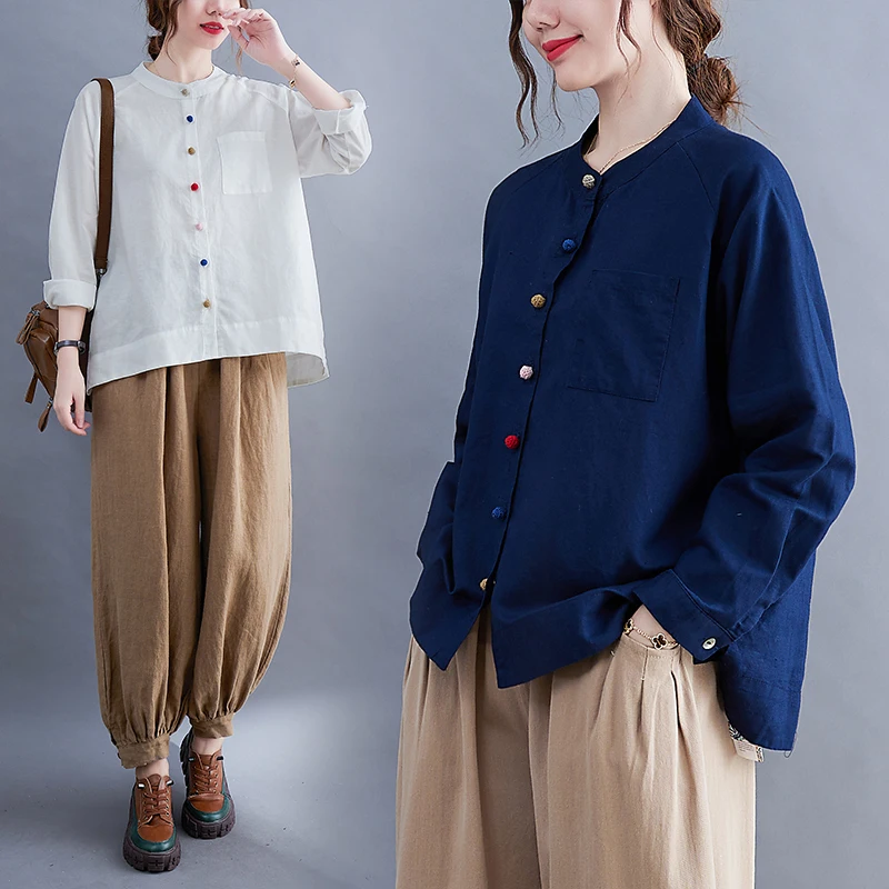 

plus Size Faionable Long Sve Cotton Linen Loose Women's irt Autumn Vintage Artistic Casual Straight Cut Button up Top