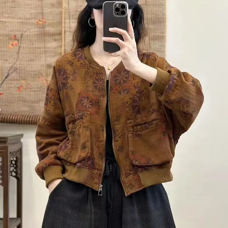 

New 2026 Spring Autumn Jacket Women Coat Retro Fashion Short Printed Cardigan Versatile Loose Casual Long Sleeved Top Outerwear