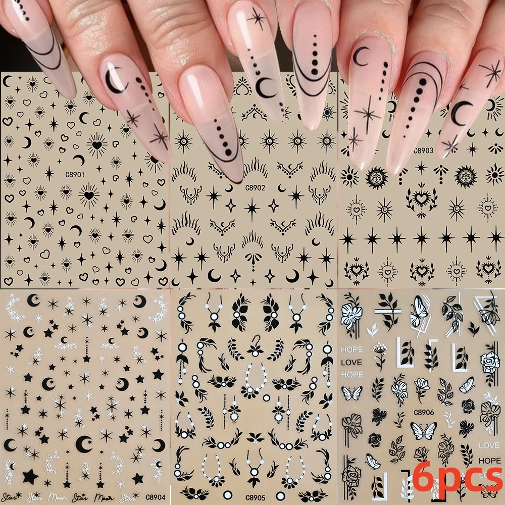 9 stks/set Wit Zwart Sterren Nagels Stickers Luxe Zelfklevende Vijfpuntige Ster Nail Art Decals Voor Vrouwen Meisjes Manicure Decor *