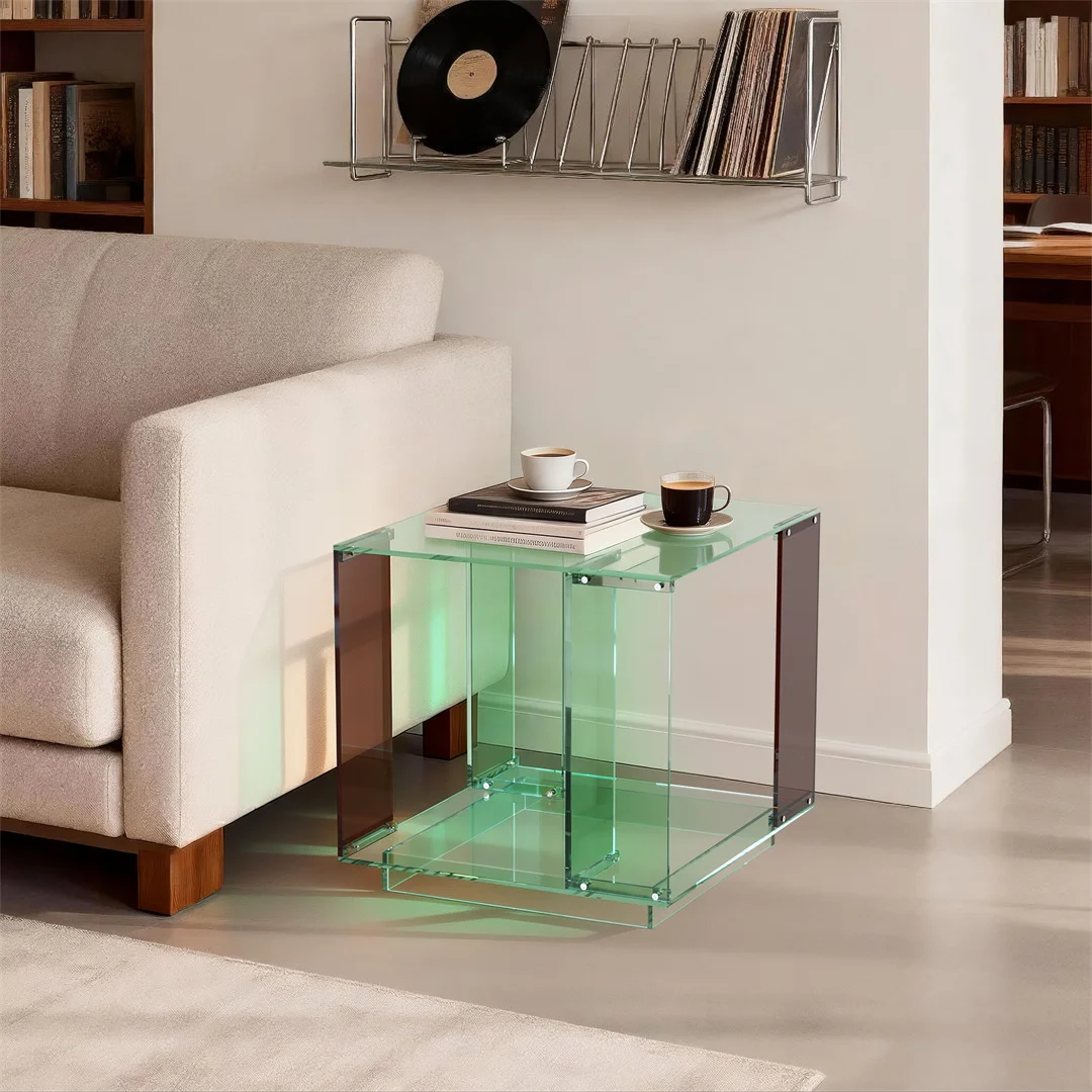 Green-Tinted Acrylic End Table Stand Bedside Nightstand with Open Shelf for Bedroom Living Room Side Table