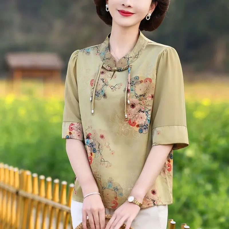 Stylish Stand Collar Loose Blouse 2024 Summer Vintage Floral Printed Women\'s Clothing Folk Chinese Disc Buckle Half Sleeve Shirt