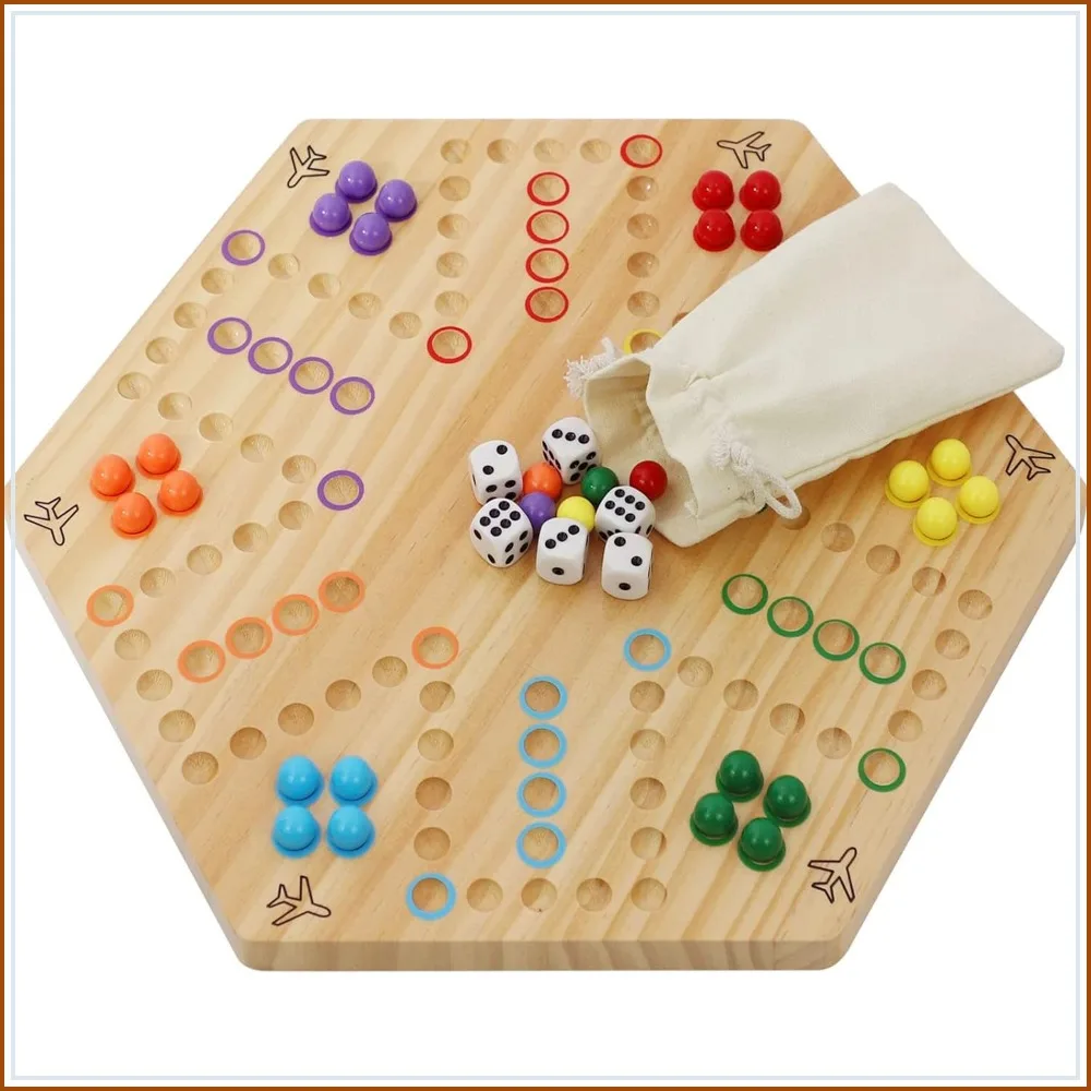 

Wooden Wahoo Board Game Classic 2-Sided Painted Fast Track Game for 4-6 Players with 30 Marbles & 6 Dices Family Game Night