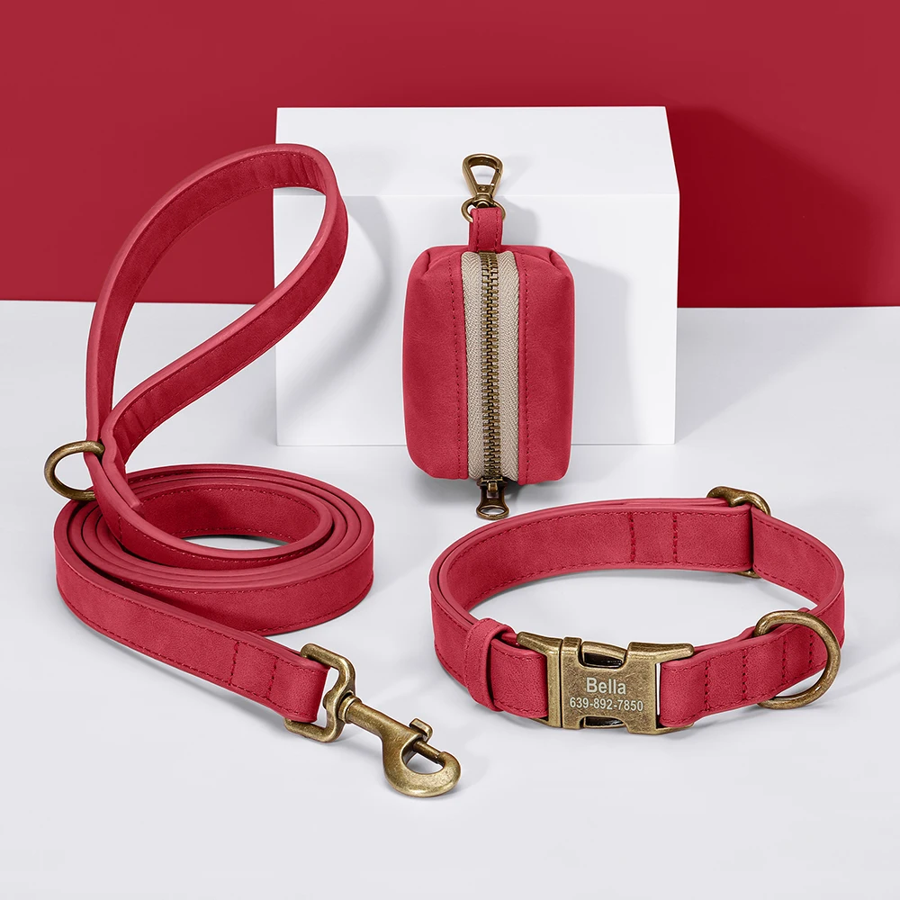Benutzerdefinierte Hundehalsband Leine Tasche Set personalisierte PU Leder Hundehalsbänder Vintage Haustier Schnalle Halskette mit Bleikot Tasche für Hunde Mops – Detail 19