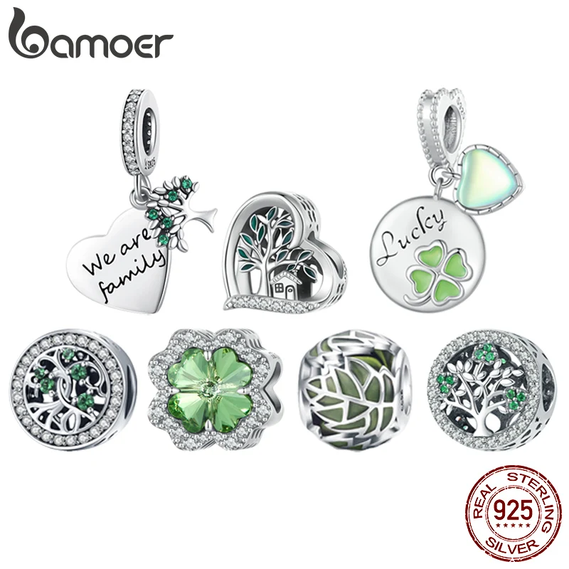 Bamoer 925 Sterling Silver Four-leaf Clover Beads Family The Tree of Life Pendant Charms for Women Bracelet and Necklace DIY